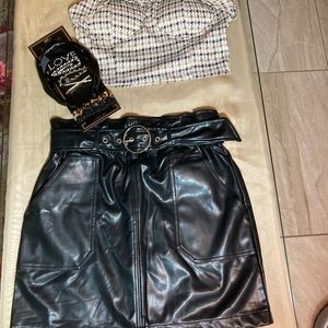 Brand New! Never Worn! Size L. Leather skirt set with matching hair accessories